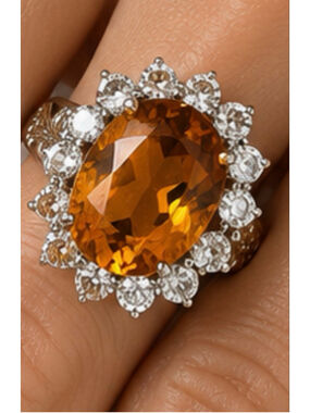 Gems en Vogue Orange Citrine & Diamond Ring, 9 925 Sterling Silver